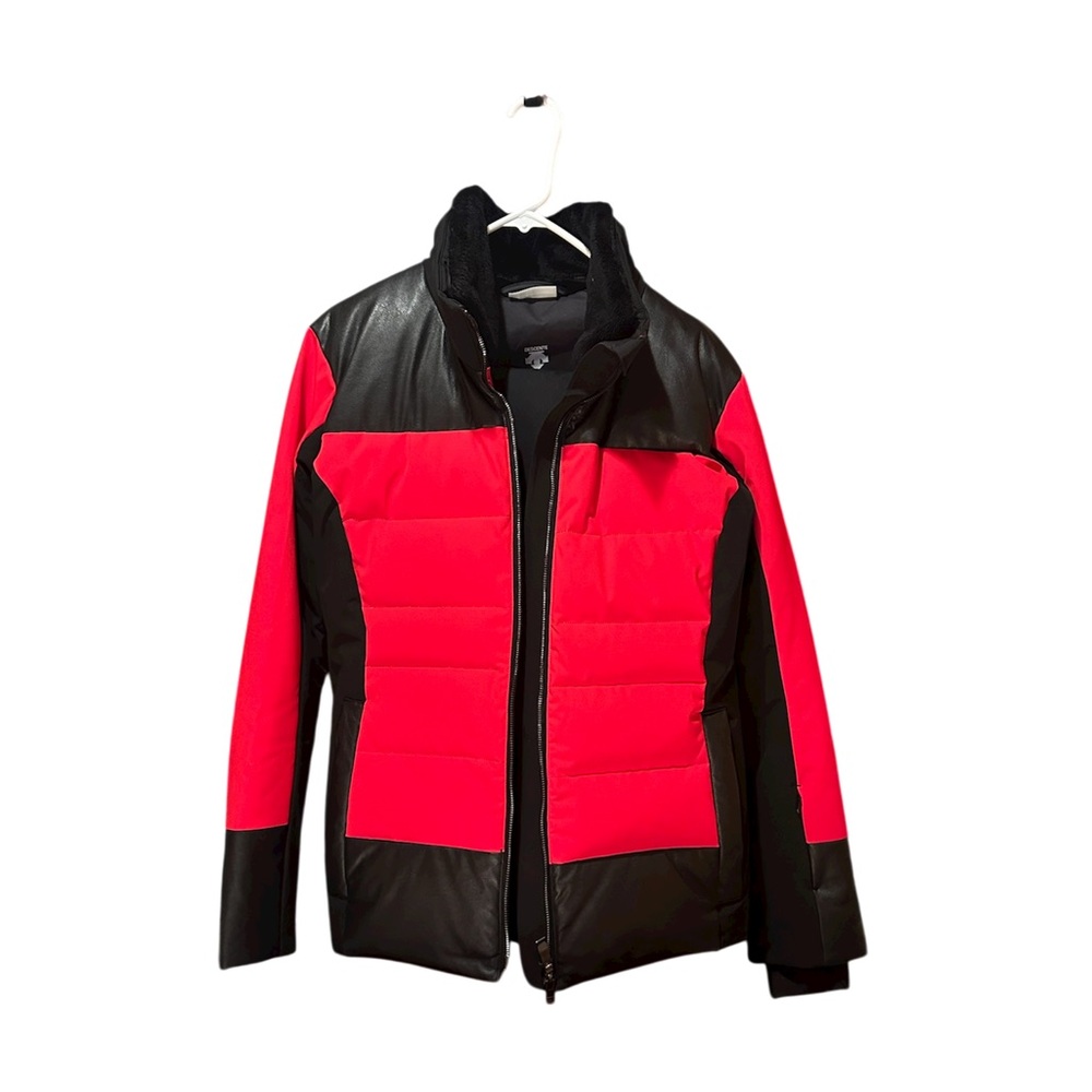DESCENTE Ski Jacket. Down filled red with black leather trim. Size 12